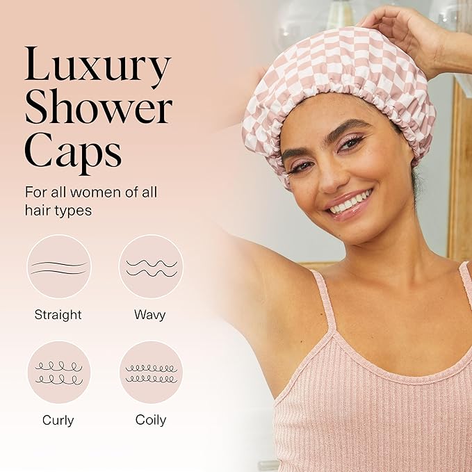 Kitsch Luxury Satin-Lined Flexi Shower Caps for Women Reusable Waterproof - Large Wide Shower Cap for Women & Men, Adjustable, Stylish Hair Cap for Showers, For Long & Short Hair - Terracotta Checker