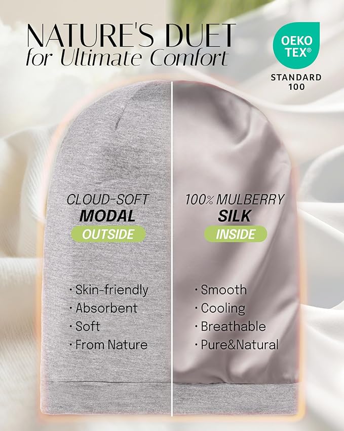 OLESILK 100% Mulberry Silk Bonnet for Sleeping Women, Silk Hair Wrap for Sleeping, Silk Sleep Bonnet for Women&Men, Real Silk, Not Satin, Light Grey