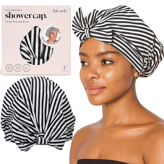 Kitsch Luxury Shower Caps for Women Reusable Waterproof - Large Shower Cap for Women, Non-slip, Quick-dry Hair Cap for Long and Short Hair, Comfortable and Stylish Design - Stripe