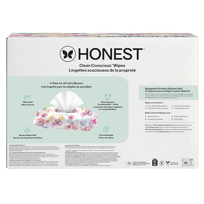The Honest Company Baby Wipes for Sensitive Skin, Hypoallergenic, Fragrance-Free, Multi-Use, Rose Blossom Design, 576 Count (6 Packs of 96)