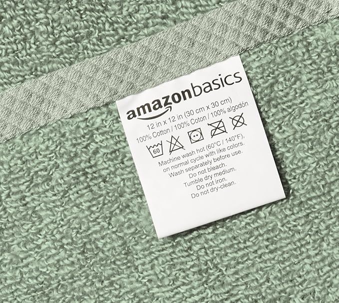 Amazon basics cotton washcloths, Lightweight quick-dry, 12" x 12", 12-pack, seafoam green