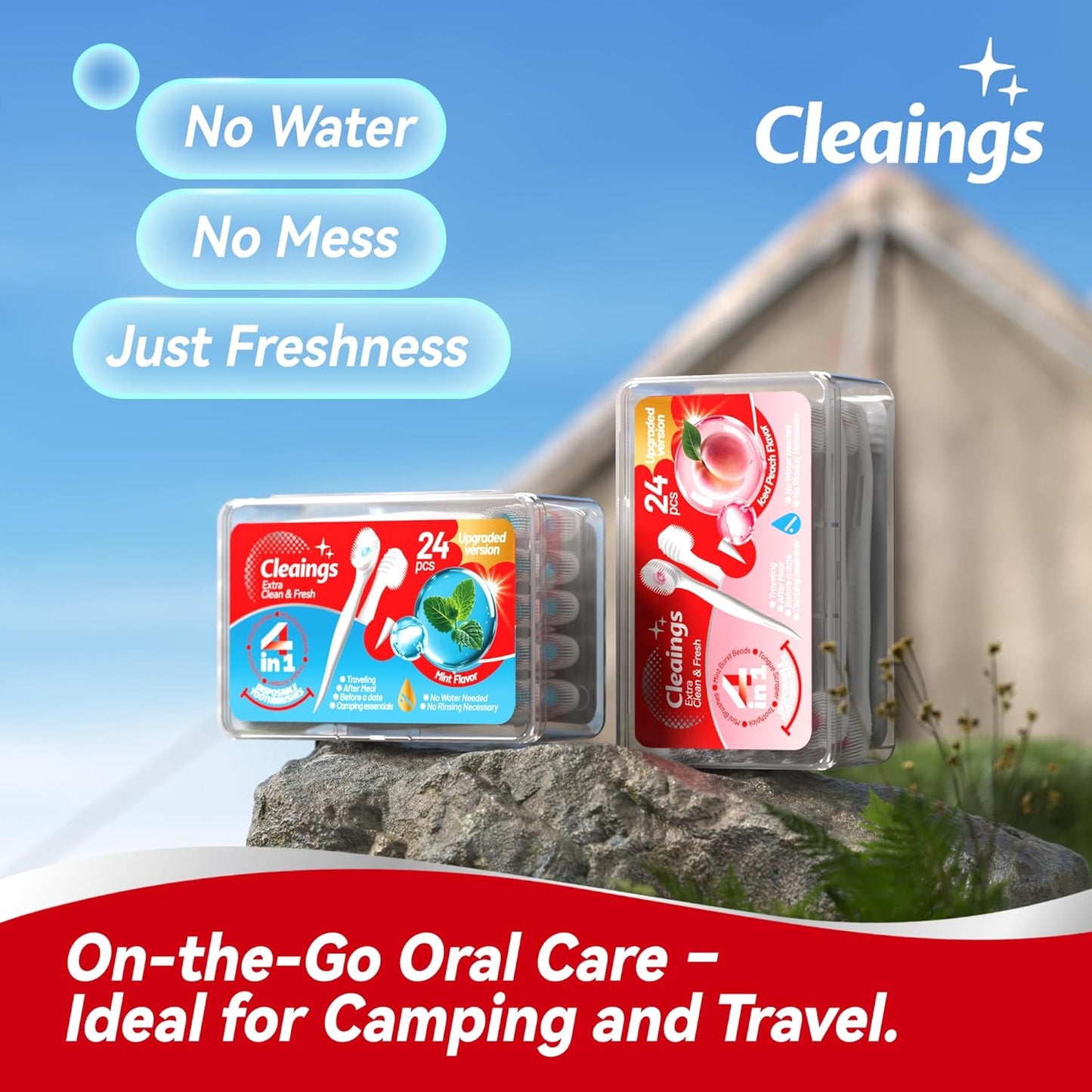 cleaings® Mini Disposable Toothbrush Set with Toothpaste – Travel Essentials, Portable Toothbrush for Women & Men, Camping, Road Trip, Vacation, 24 Count-Ice Strawberry Flavor（Pack of 1）