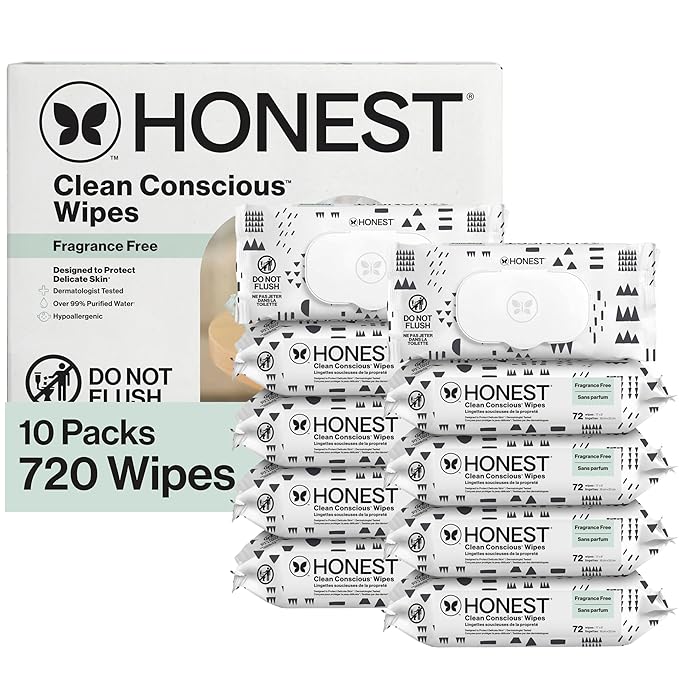 The Honest Company Baby Wipes for Sensitive Skin, Hypoallergenic, Fragrance-Free, Multi-Use, Pattern Play Design, 720 Count (8 Packs of 90)