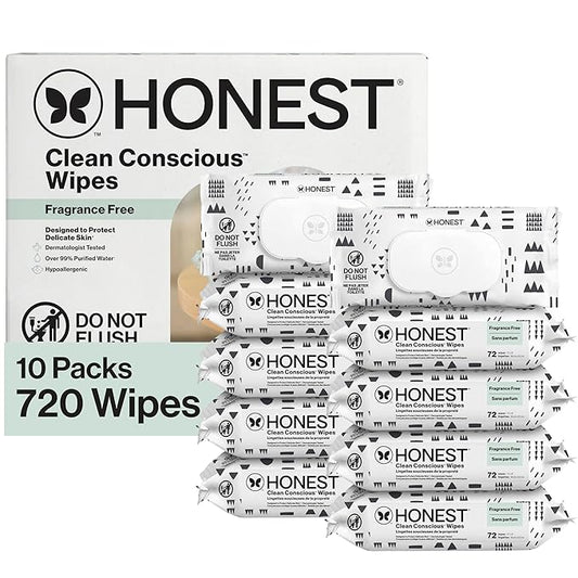 The Honest Company Baby Wipes for Sensitive Skin, Hypoallergenic, Fragrance-Free, Multi-Use, Pattern Play Design, 720 Count (8 Packs of 90)
