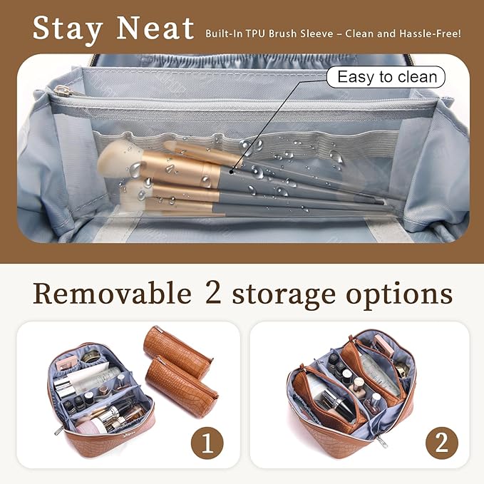 BOYATU Travel Makeup Bag Cosmetic Bags for Women: 3 Pcs Set Large Capacity Make up Bag with Handle - Crocodile Pattern Vegan Leather Toiletry Bags Travel Essentials with Compartments(E-2-Brown)