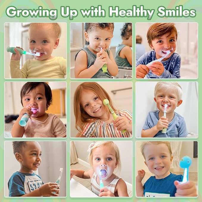 Papablic Toddler Sonic Electric Toothbrush Kids for Ages 1-3 Years, Baby Electric Toothbrush with Cute Dino Cover and Smart LED Timer, 4 Brush Heads (Max)