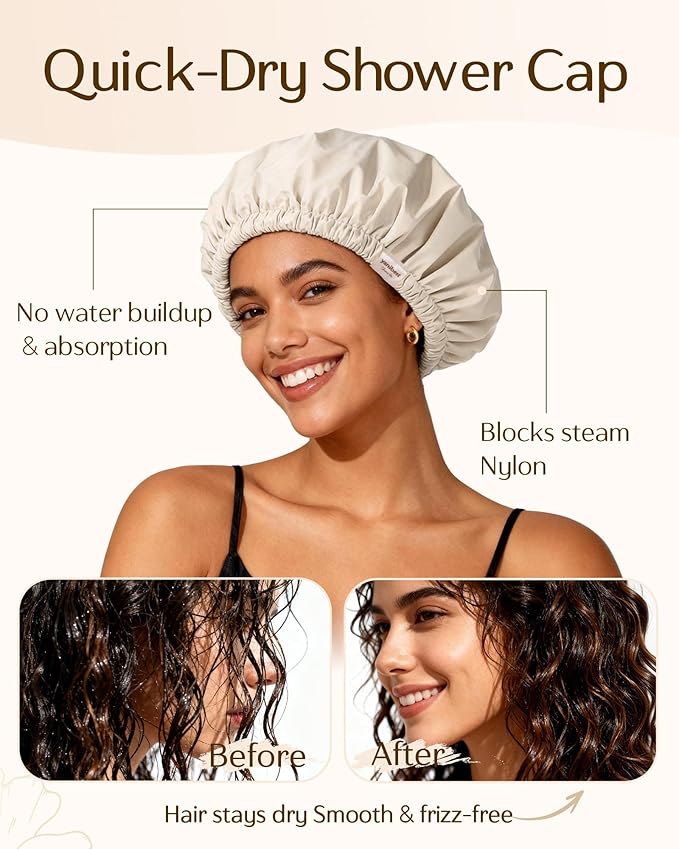 Yanibest Satin Lined Shower Cap for Women Reusable Waterproof, Large Bath Cap with Soft Elastic Band, Luxury Hair Protection Caps (Beige)