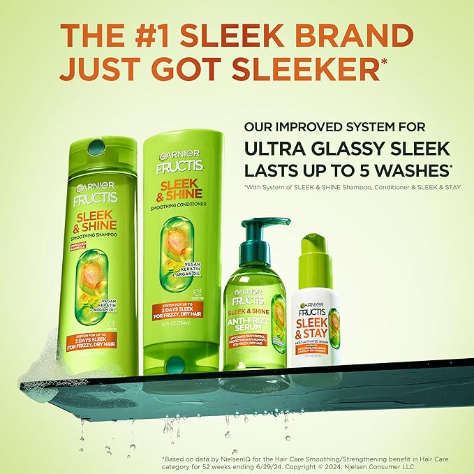Garnier Fructis Sleek & Shine Shampoo, Conditioner + Leave-In Conditioer Set for Frizzy, Dry Hair, Plant Keratin + Argan Oil (3 Items), 1 Kit (Packaging May Vary)