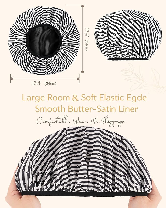 Yanibest Shower Cap for Women - Hair Satin Bonnet Shower Cap Waterproof Large Double Layer Reusable with Soft Elastic Band for Braids Long Hair