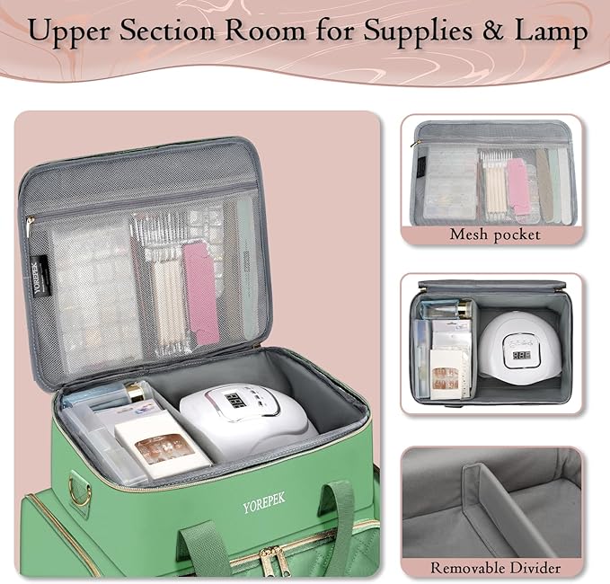 YOREPEK Extra Large Nail Polish Organizer Case Holds 96 to 100+ Bottles (15ml/0.5 fl.oz) UV lamp, Gel Polish Travel Case Bag with 2 Removable Pouches Fits Nail Suppiles, Gifts for Manicurist, Green