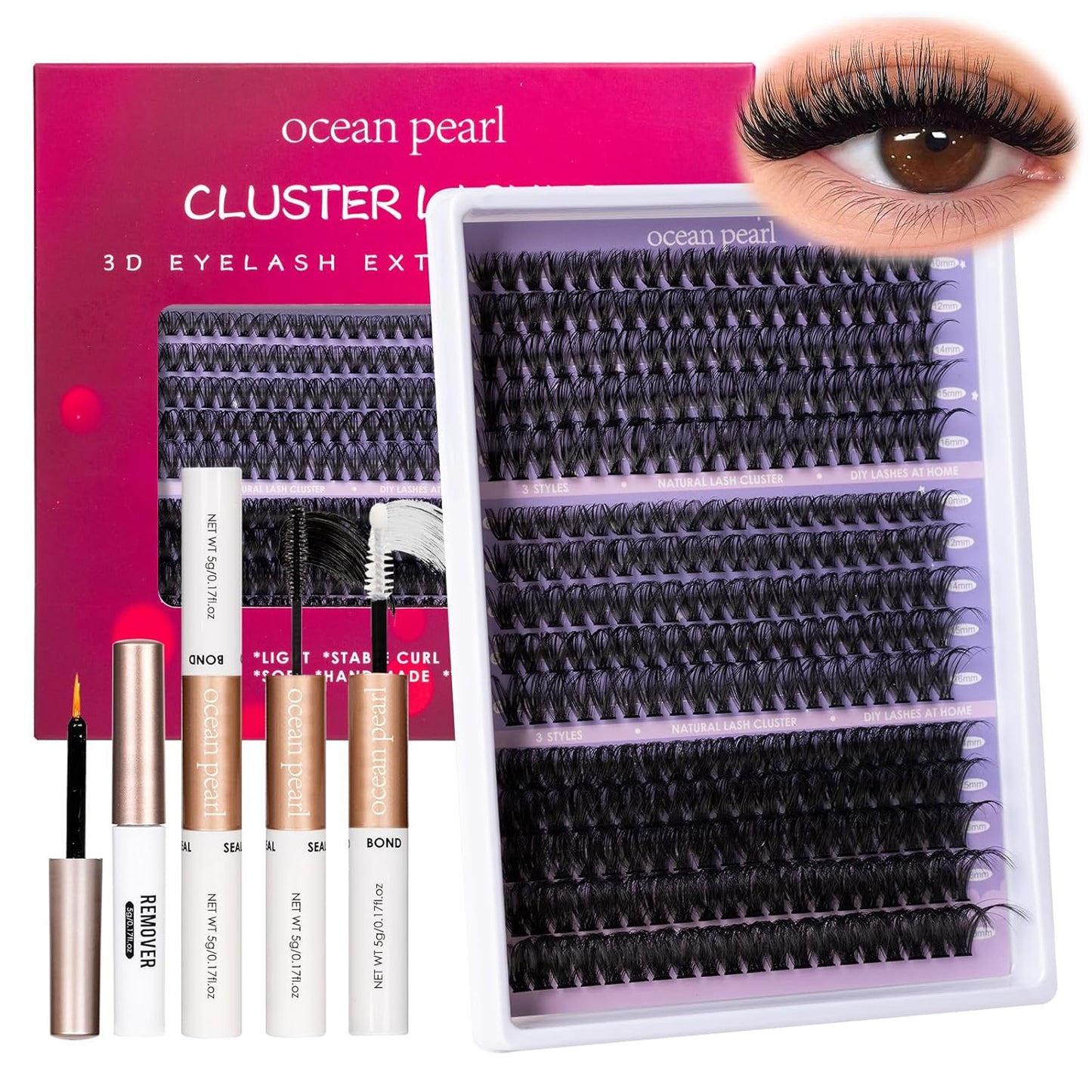 Ocean Pearl DIY Lash Extension Kit 300PCS Lash Cluters 10-20mm 40D 50D 100D Thick Eyelash Extension Kit Long Eyelashes Natural Individual Lashes with Bond&Seal&Remover&Tweezers-300