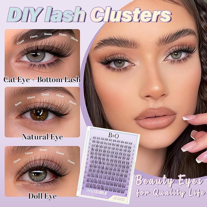B&Q Flora Eyelash Clusters Kit - Velure DIY Lash Extension Kit at Home Beginner-Friendly Natural Lashes, 120pcs 8-18mm Wispy Clusters with 0.3mm Invisible Band & Waterproof, Daily Collection