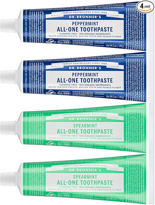 Dr. Bronner’s - All-One Toothpaste Variety Pack - Peppermint & Spearmint, 70% Organic Ingredients, Fluoride-Free, Helps Freshen Breath, Vegan (5oz, 4-Pack)