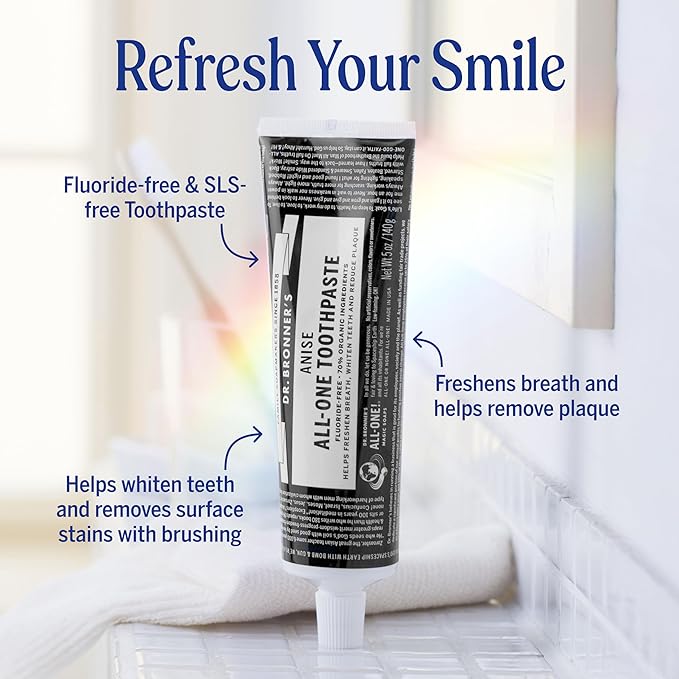 Dr. Bronner’s All-One Toothpaste – Anise, 5 oz, 3-Pack – Fluoride-Free Toothpaste for Adults, SLS-Free, 70% Organic & Natural Ingredients, Vegan, Helps Freshen Breath, Reduce Plaque, Whiten Teeth