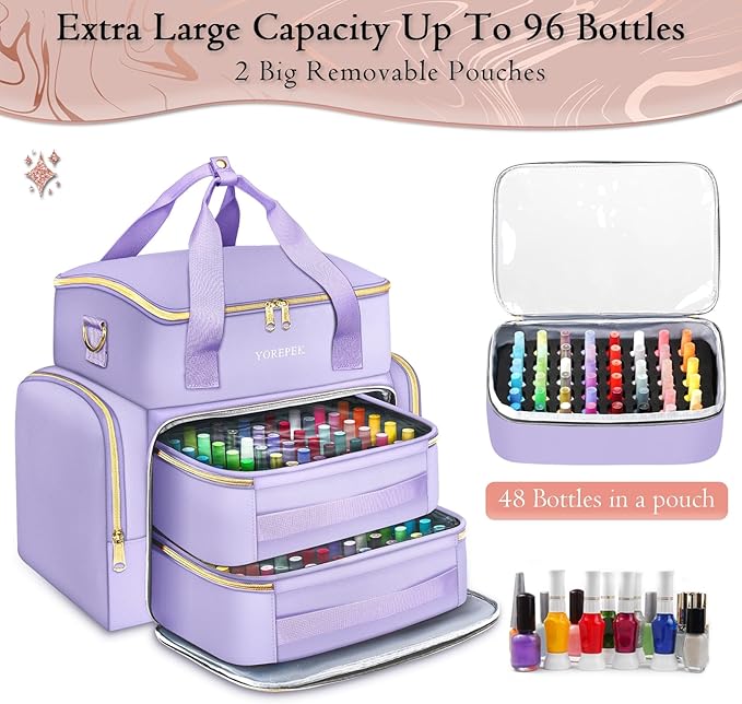 YOREPEK Extra Large Nail Polish Organizer Case Holds 96 to 100+ Bottles (15ml/0.5 fl.oz) UV lamp, Gel Polish Travel Case Bag with 2 Removable Pouches Fits Nail Suppiles, Gifts for Manicurist, Purple