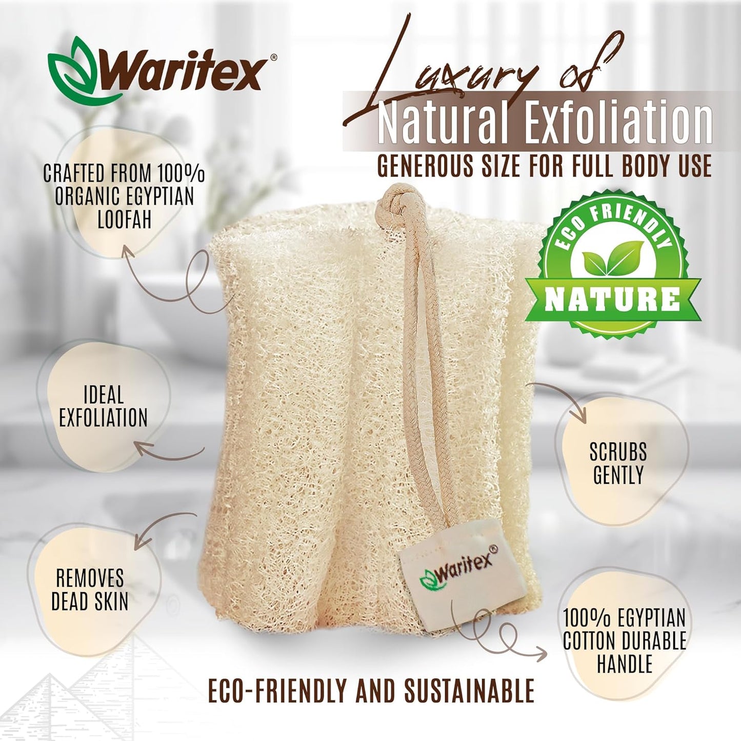 Premium Natural Egyptian Loofah Sponges, Made from 100% Natural Organic Material, Gentle Skin Exfoliation, and Full-Body Spa Experience – Eco-Friendly Loofah 2 Count (1 Pack)