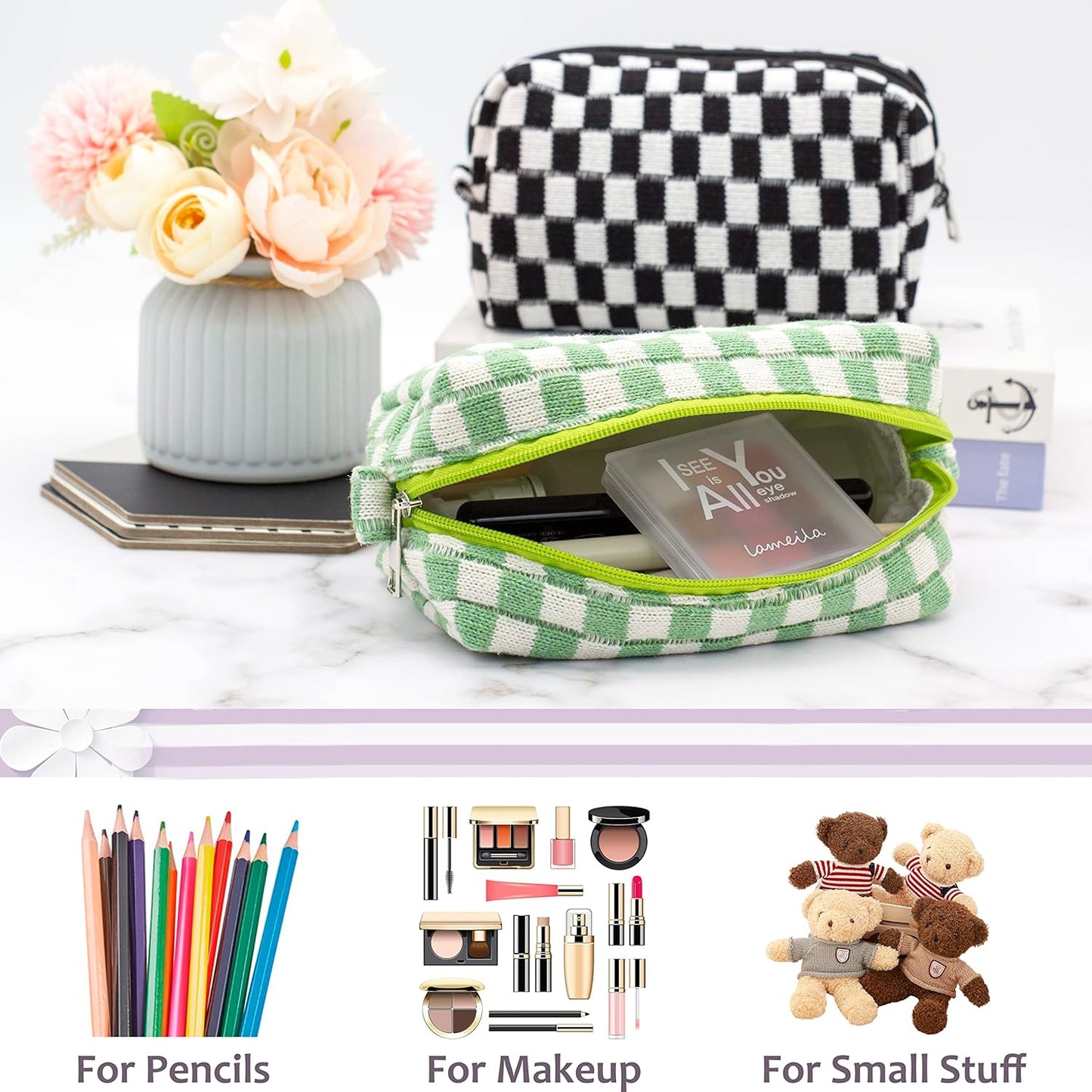 PAZIMIIK Checkered Makeup Bag for Purse Portable Zipper Make Up Pouch Small Cosmetic Case for Travel Accessories (6PCS Light Green)