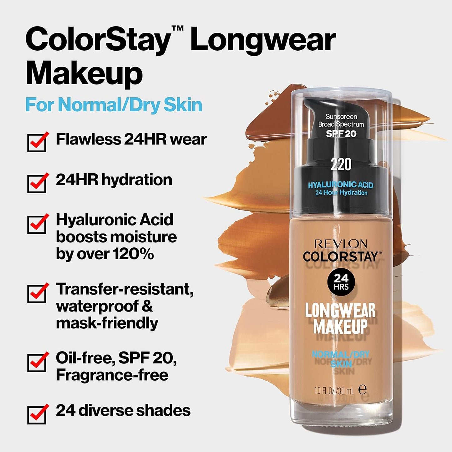 Revlon Liquid Foundation, ColorStay Face Makeup for Normal and Dry Skin, Longwear Full Coverage with Matte Finish, Oil Free, 320 True Beige, 1.0 Oz