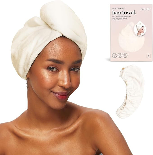 Kitsch Microfiber Hair Towel Wrap for Women – Ultra Absorbent Microfiber Bath Towels for Wet, Curly, Long or Short Hair – Anti-Frizz Hair Wrap, Great Hair Care Gifts for Women – White Ivory