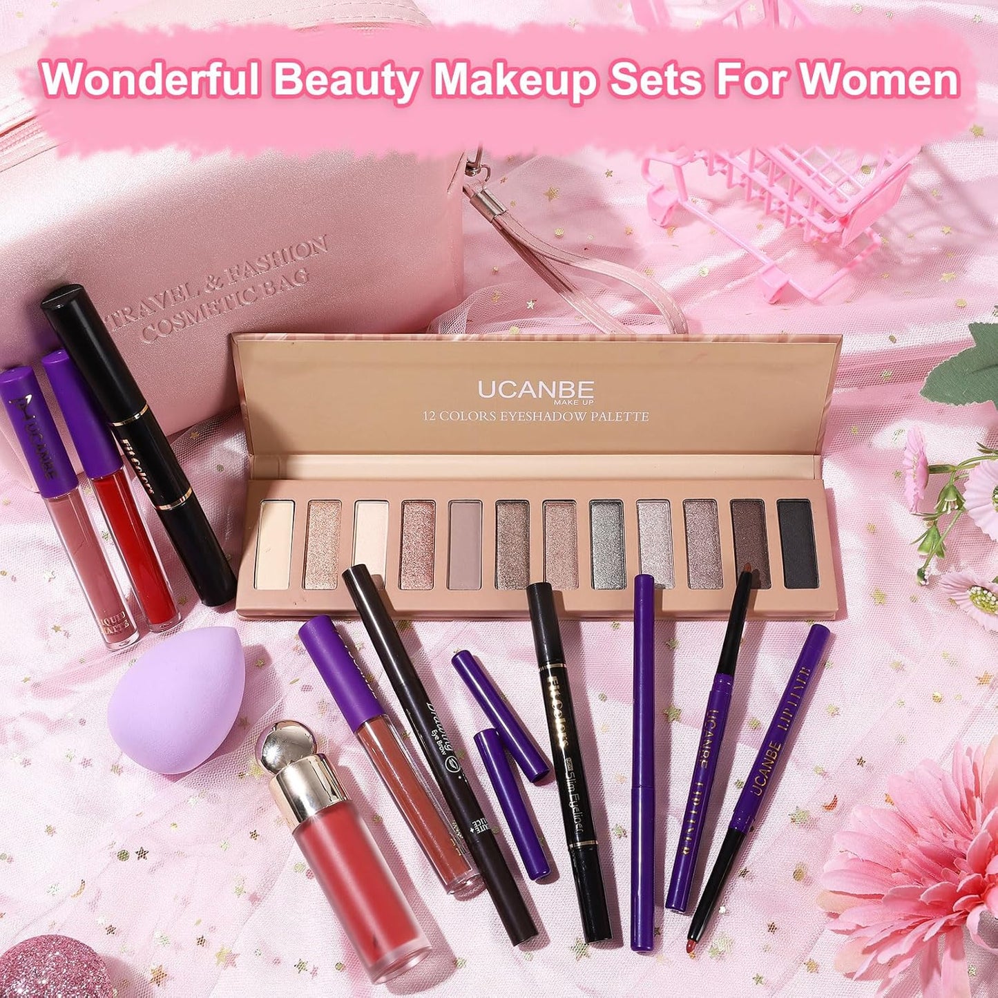 UCANE All In One Makeup Sets For Women, Naked Eyeshadow, Lipsticks, Lipgloss, Mascara, Eyeliner, Eyebrow Pencil, Liquid Blush, Cosmetic Bag, Beauty Gift Kit For Teens