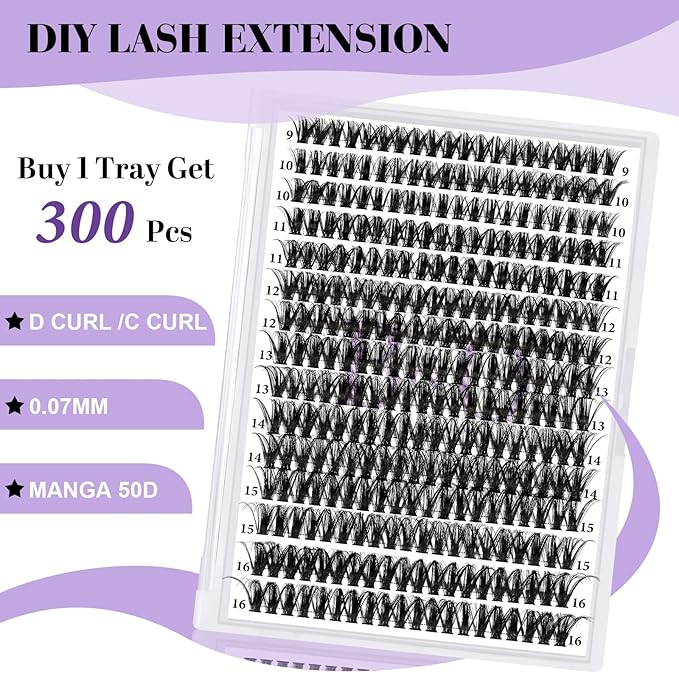 B&Qaugen Manga Lash Clusters DIY Individual Lashes 50D-D-9-16MIX 300 PCS False Eyelash Cluster Manga Cluster 30D 40D 50D D Curl Eyelash Extensions at Home (50D-D,9-16MIX)