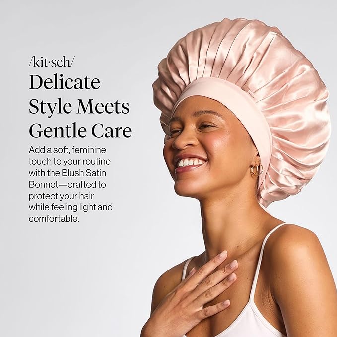 Kitsch XL Satin Bonnet for Sleeping - Softer Than Silk Bonnet For Sleeping Women - Secure Fit, Adjustable, Night Cap For Curly & Textured Hair - Prevents Breakage, Tangles & Thinning - Blush
