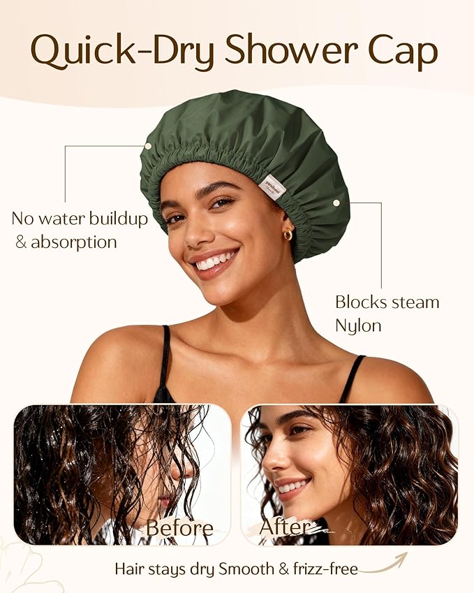 Yanibest Satin Lined Shower Cap for Women Reusable Waterproof, Large Bath Cap with Soft Elastic Band, Luxury Hair Protection Caps (Green)