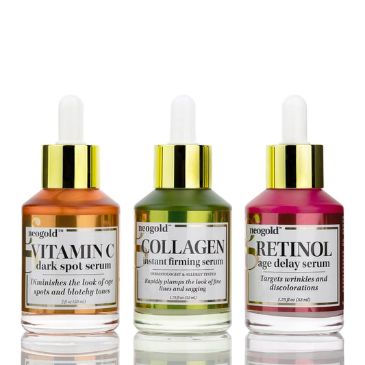 Facial Serum Skin Care Set W/Anti-Aging Retinol Booster, Plumping Collagen Serum, & Brightening Vitamin C Serum For Wrinkles, Fine Lines, Dark Spots, & Uneven Skin Tone, 2 Fl Oz (Set of 3)