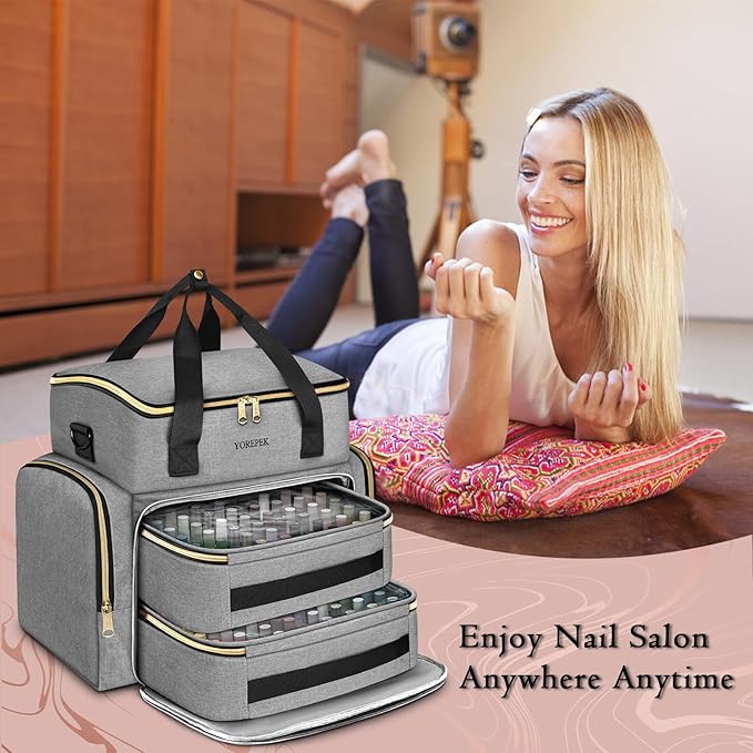 YOREPEK Nail Polish Organizer Case Holds 96 to 100+ Bottles (15ml/0.5 fl.oz) UV lamp, Extra Large Nail Polish Holder with Support Board for Easy Access, Gel Kit Bag For Manicure Tools, Grey