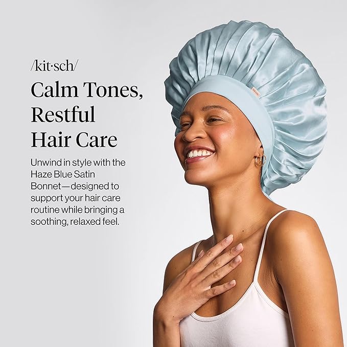 Kitsch XL Satin Bonnet for Sleeping - Softer Than Silk Bonnet For Sleeping Women - Secure Fit, Adjustable, Night Cap For Curly & Textured Hair - Prevents Breakage, Tangles & Thinning - Haze Blue
