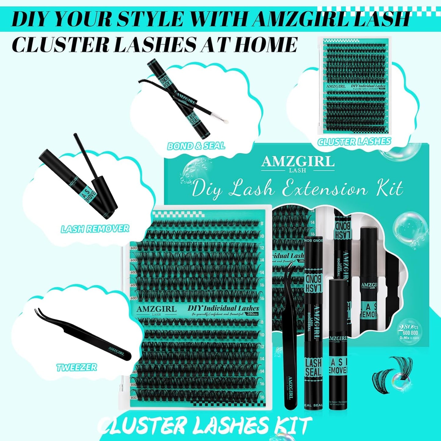 Lash Extension Kit 280Pcs,60D 80D Individual Lashes Clusters Kit,Lash Bond And Seal,Lash Remover For Eyelashes Extensions,Lash Applicator Tool For False Eyelash Cluster Kit At Home(D-Mix8-16mmKit)