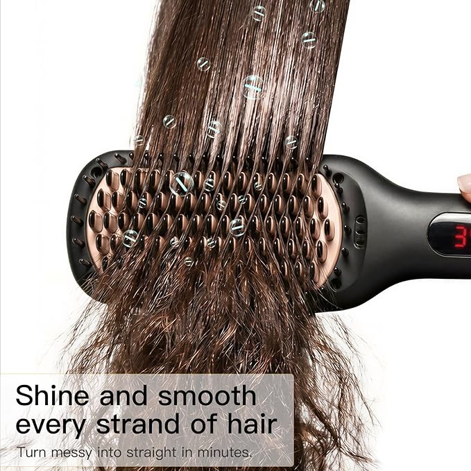 MEGAWISE Pro Ceramic Ionic Hair Straightener Brush for Home Salon, Straightening Hair Brush with 20s Heating Tech, Auto-Off, Anti-Scald with Universal Dual Voltage,Rotatable Power Cord, Black