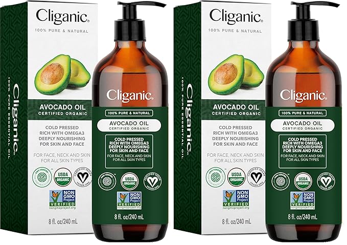Cliganic Organic Avocado Oil, 100% Pure (8oz) - for Skin & Hair, Nourishing Carrier Oil for Face & Body (Pack of 2)