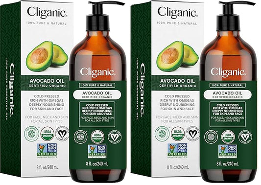 Cliganic Organic Avocado Oil, 100% Pure (8oz) - for Skin & Hair, Nourishing Carrier Oil for Face & Body (Pack of 2)