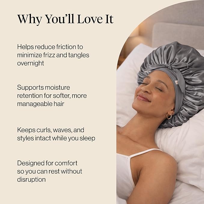 Kitsch XL Satin Bonnet for Sleeping - Softer Than Silk Bonnet For Sleeping Women - Secure Fit, Adjustable, Night Cap For Curly & Textured Hair - Prevents Breakage, Tangles & Thinning - Charcoal
