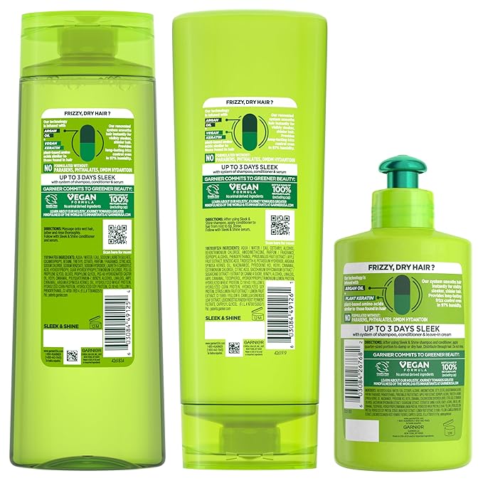 Garnier Fructis Sleek & Shine Shampoo, Conditioner + Leave-In Conditioer Set for Frizzy, Dry Hair, Plant Keratin + Argan Oil (3 Items), 1 Kit (Packaging May Vary)