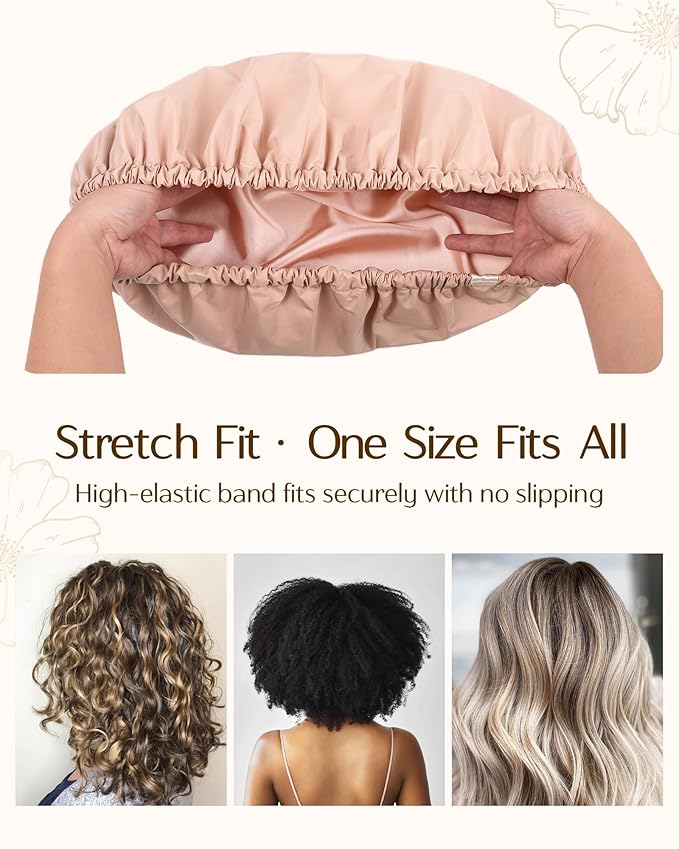 Yanibest Satin Lined Shower Cap for Women Reusable Waterproof, Large Bath Cap with Soft Elastic Band, Luxury Hair Protection Caps (Peachy Pink)