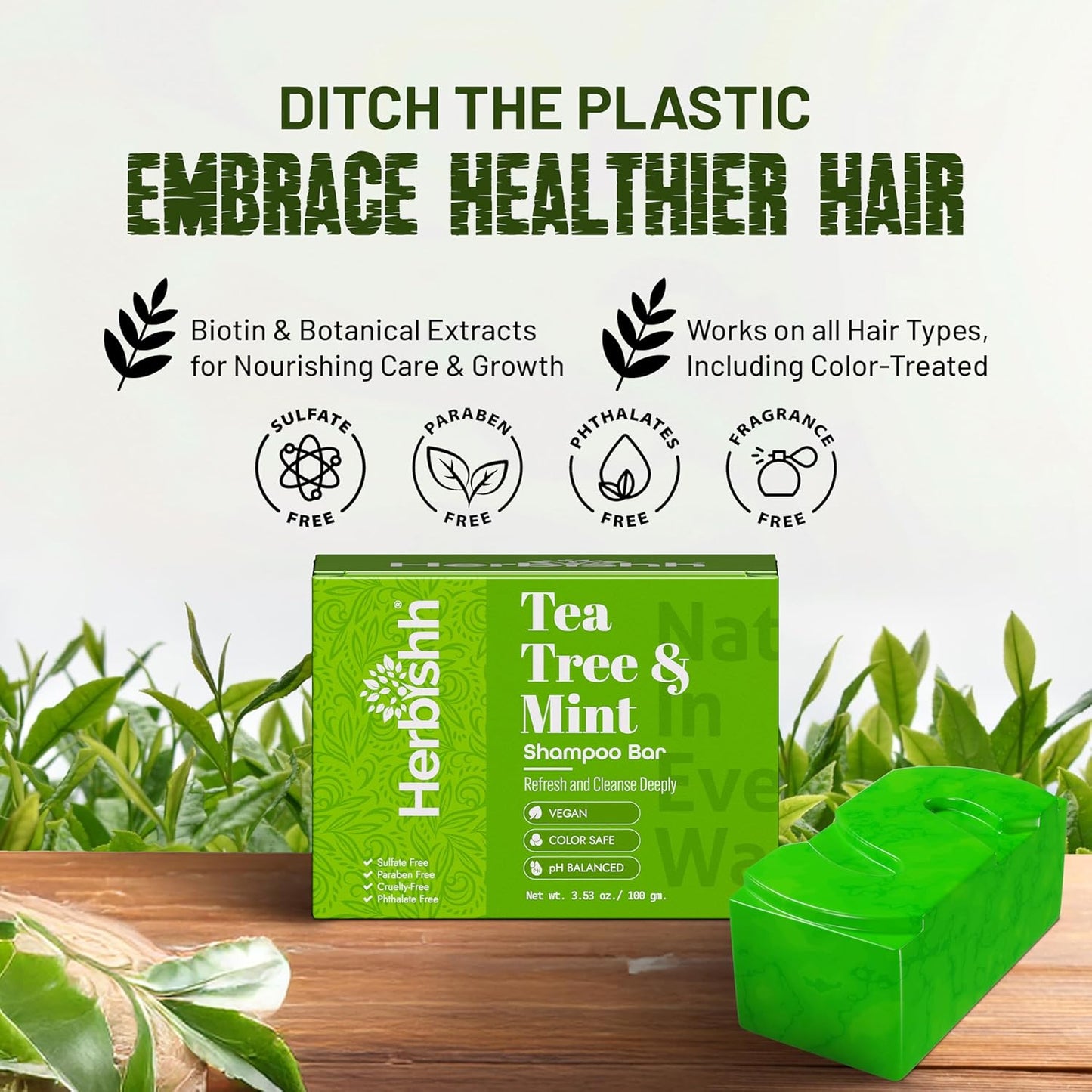 Herbishh Tea Tree & Mint Shampoo Bar – Tea Tree Oil Soap Bar for Oily Hair & Scalp Cleanse – Solid Travel Size Shampoo for Men & Women – Minty Deep Cleansing, 3.53 oz