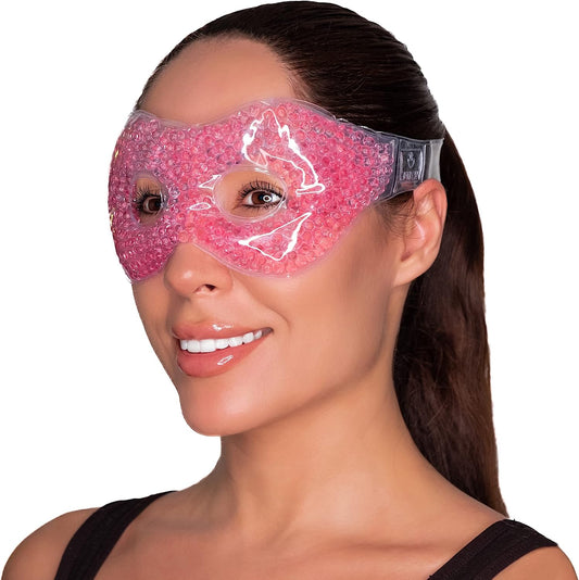Gel Eye Mask with Eye Holes- Hot Cold Compress Pack Eye Therapy | Cooling Eye Mask for Puffy Eyes, Dry Eyes, Headaches, Migraines, Sinus, Dark Circles - Reusable Eye Face Mask | Ergo Gel Bead (Pink)