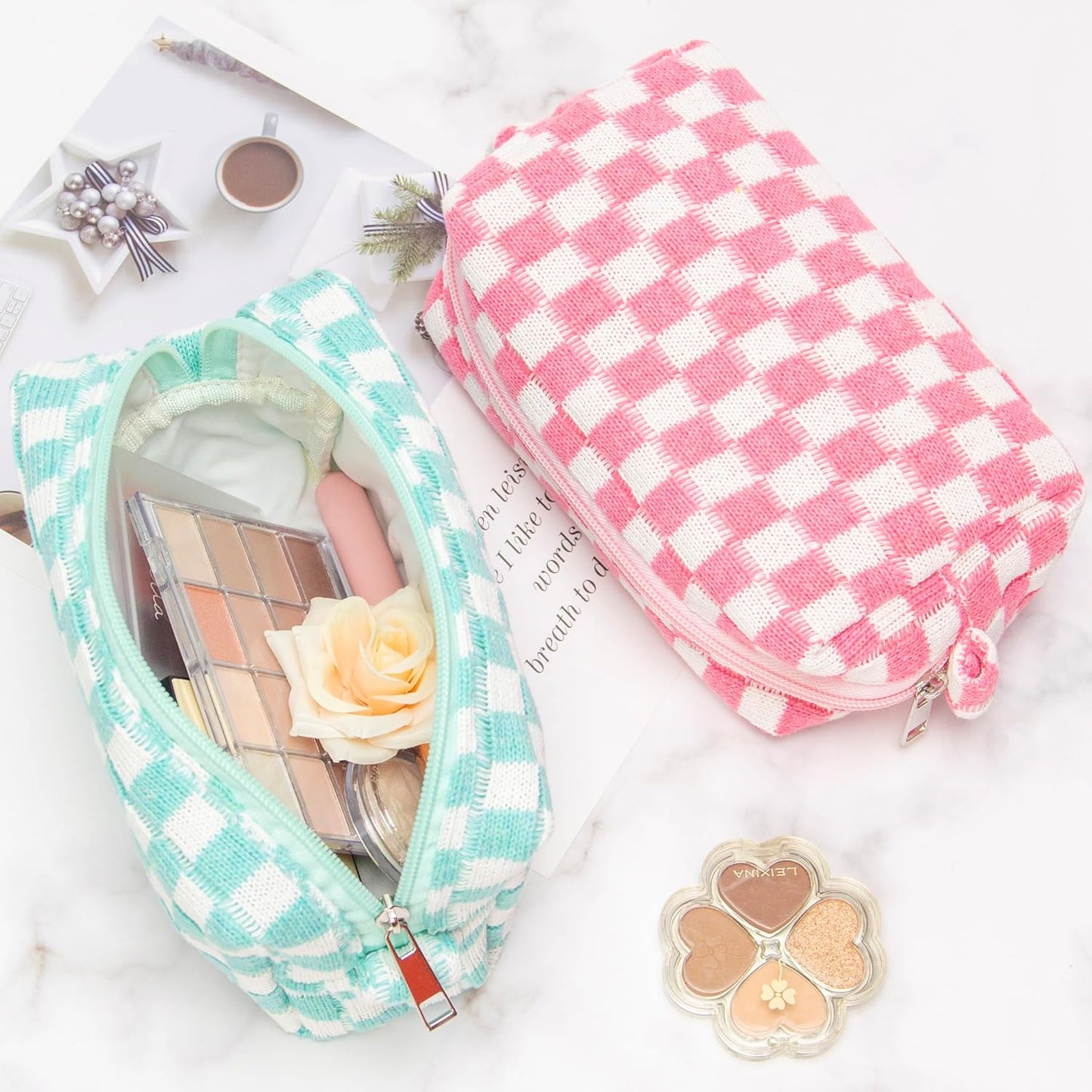 PAZIMIIK Checkered Makeup Bag for Purse Portable Zipper Make Up Pouch Small Cosmetic Case for Travel Accessories (2PCS Arctic Blue)