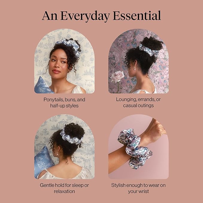 Bridgerton x Kitsch Satin Scrunchies for Women, No Snag, No Tugging, Soft & Comfortable Scrunchies for Girls, Perfect for Day or Night | Ideal Gifts for Women - Toile De Blue, 2pcs