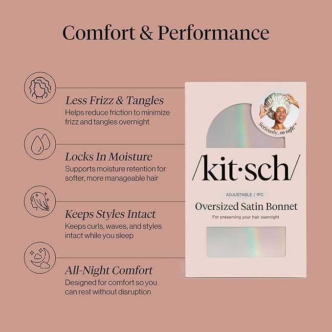 Kitsch XL Satin Bonnet for Sleeping - Softer Than Silk Bonnet For Sleeping Women - Secure Fit, Adjustable, Night Cap For Curly & Textured Hair - Prevents Breakage, Tangles & Thinning - Aura