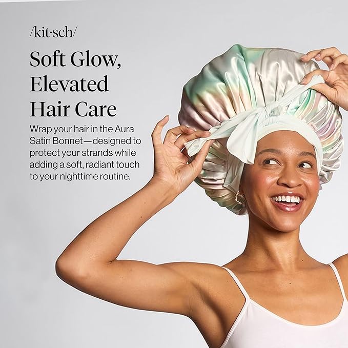 Kitsch XL Satin Bonnet for Sleeping - Softer Than Silk Bonnet For Sleeping Women - Secure Fit, Adjustable, Night Cap For Curly & Textured Hair - Prevents Breakage, Tangles & Thinning - Aura