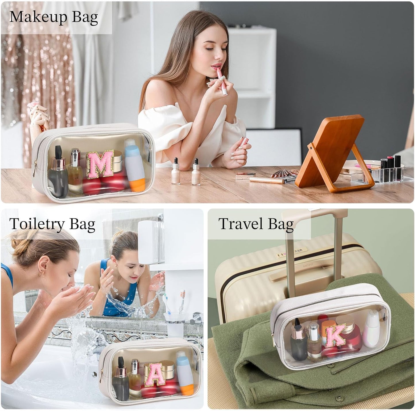 YOOLIFE Initial Make Up Bag Travel Toiletry Bag, Clear Makeup Bag Preppy Cosmetic Bags Organizer Travel Essentials Gifts for Women Teen Girlfriend Teacher Mom Brithday Mothers Day Gifts, Large, White