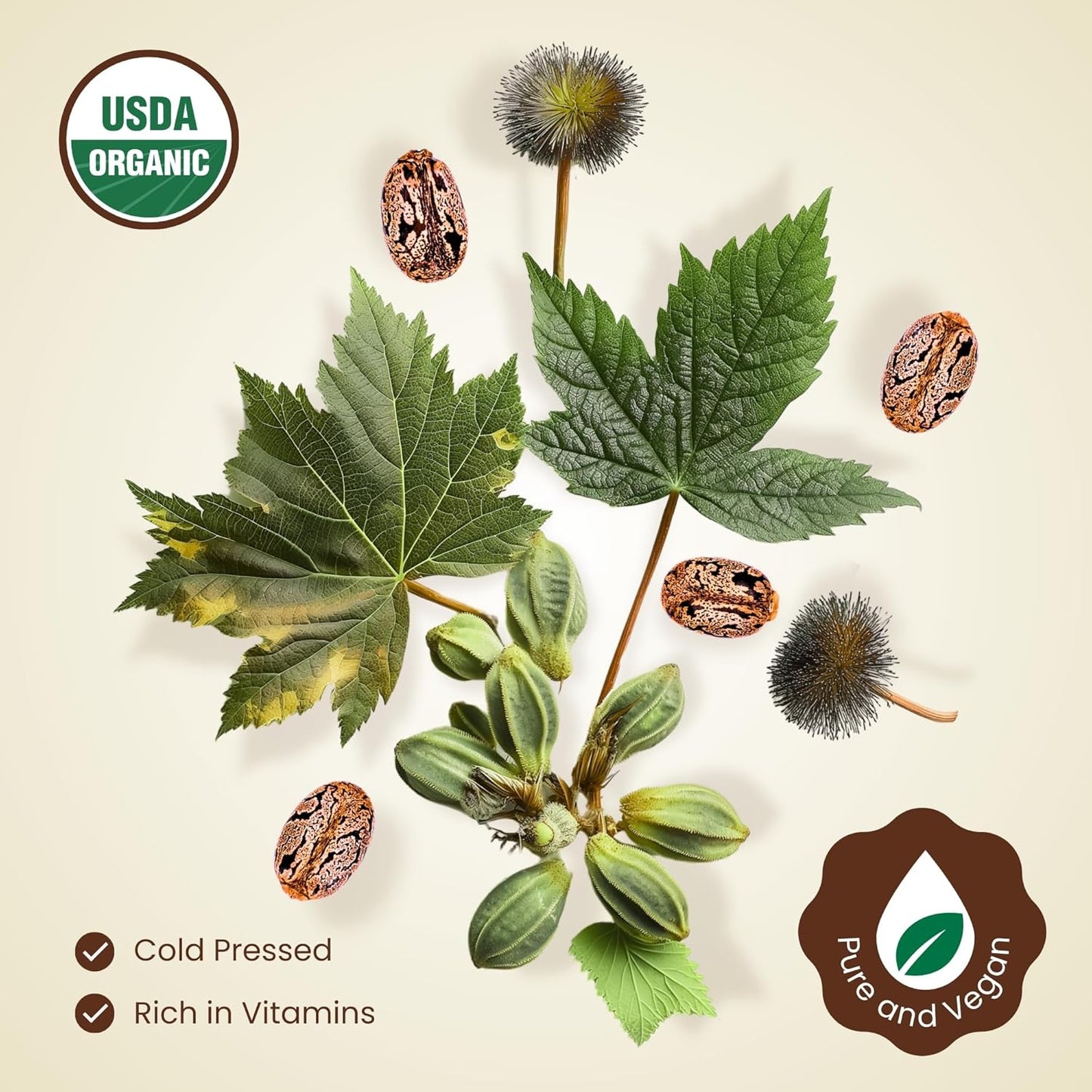 Organic Castor Oil (4oz) - 100% Pure Natural Cold-Pressed Hexane-Free USDA Certified - Glass Bottle - Hair Growth Oil for Scalp Eyelashes Face Skin - Dry Skin Moisturizer Natural Hair Care