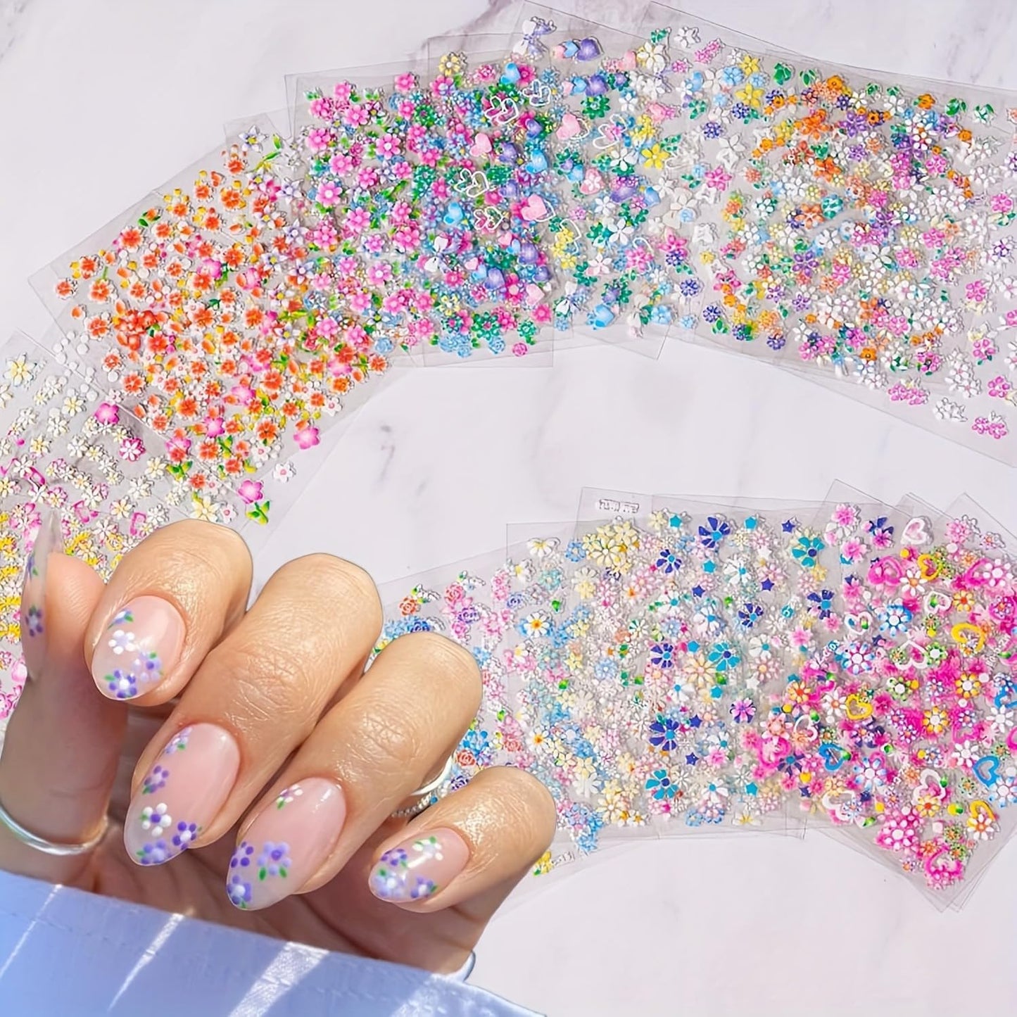 30 Sheets Flower Nail Stickers Colorful 3D Self Adhesive Cute Daisy Floral Nail Decals Heart Nail Art Charms for DIY Design (ST-F)