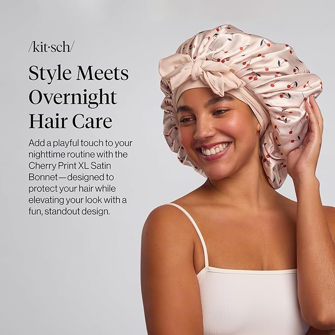 Kitsch XL Satin Bonnet for Sleeping - Softer Than Silk Bonnet For Sleeping Women - Secure Fit, Adjustable, Night Cap For Curly & Textured Hair - Prevents Breakage, Tangles & Thinning - Cherry Print