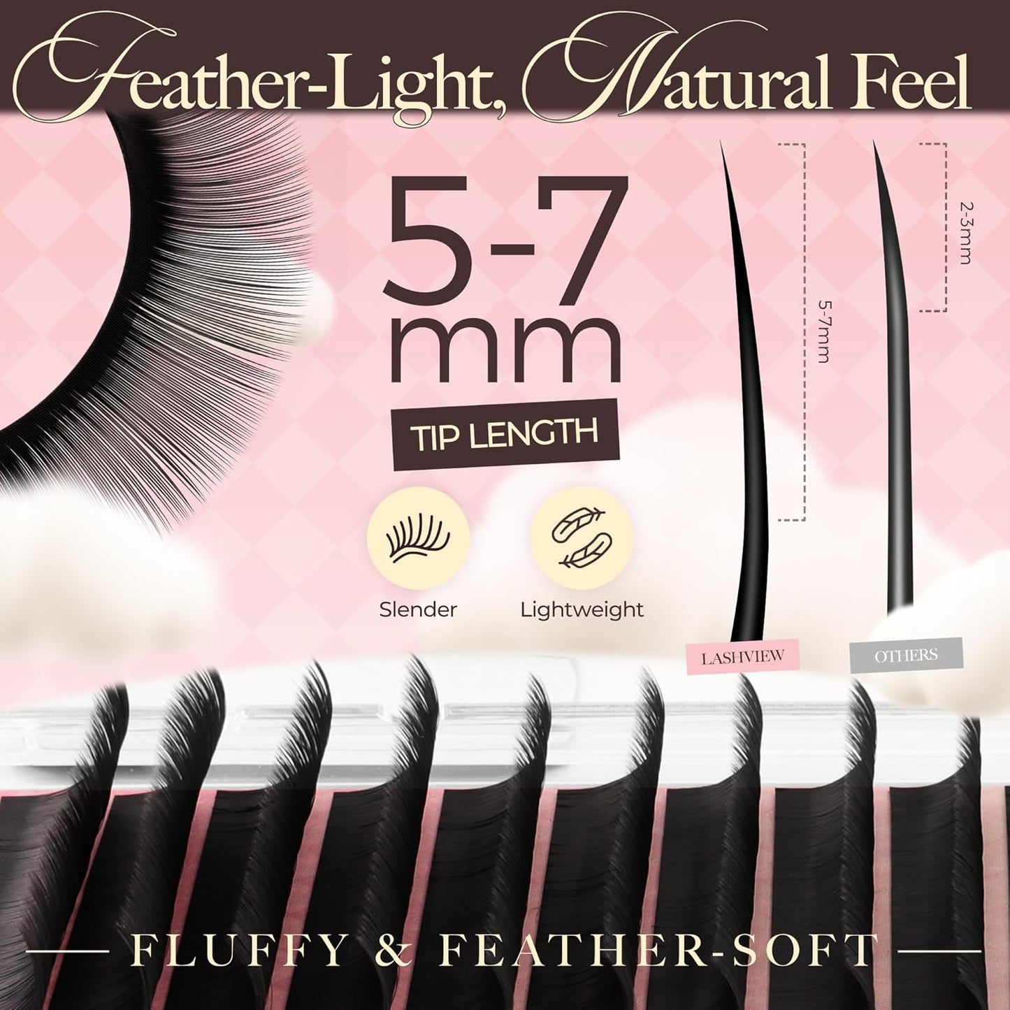 LASHVIEW Volume Lash Extensions 0.03-0.20 J/B/L/C/CC/D Curl 8-16mm Mixed & Single Length Tray, Soft Matte Dark Professional Eyelashes Extension(0.05 D 12mm)