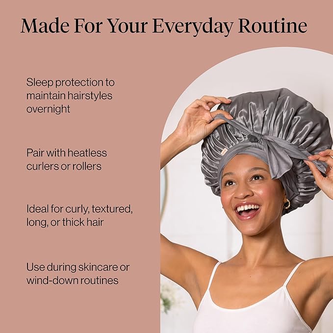 Kitsch XL Satin Bonnet for Sleeping - Softer Than Silk Bonnet For Sleeping Women - Secure Fit, Adjustable, Night Cap For Curly & Textured Hair - Prevents Breakage, Tangles & Thinning - Charcoal