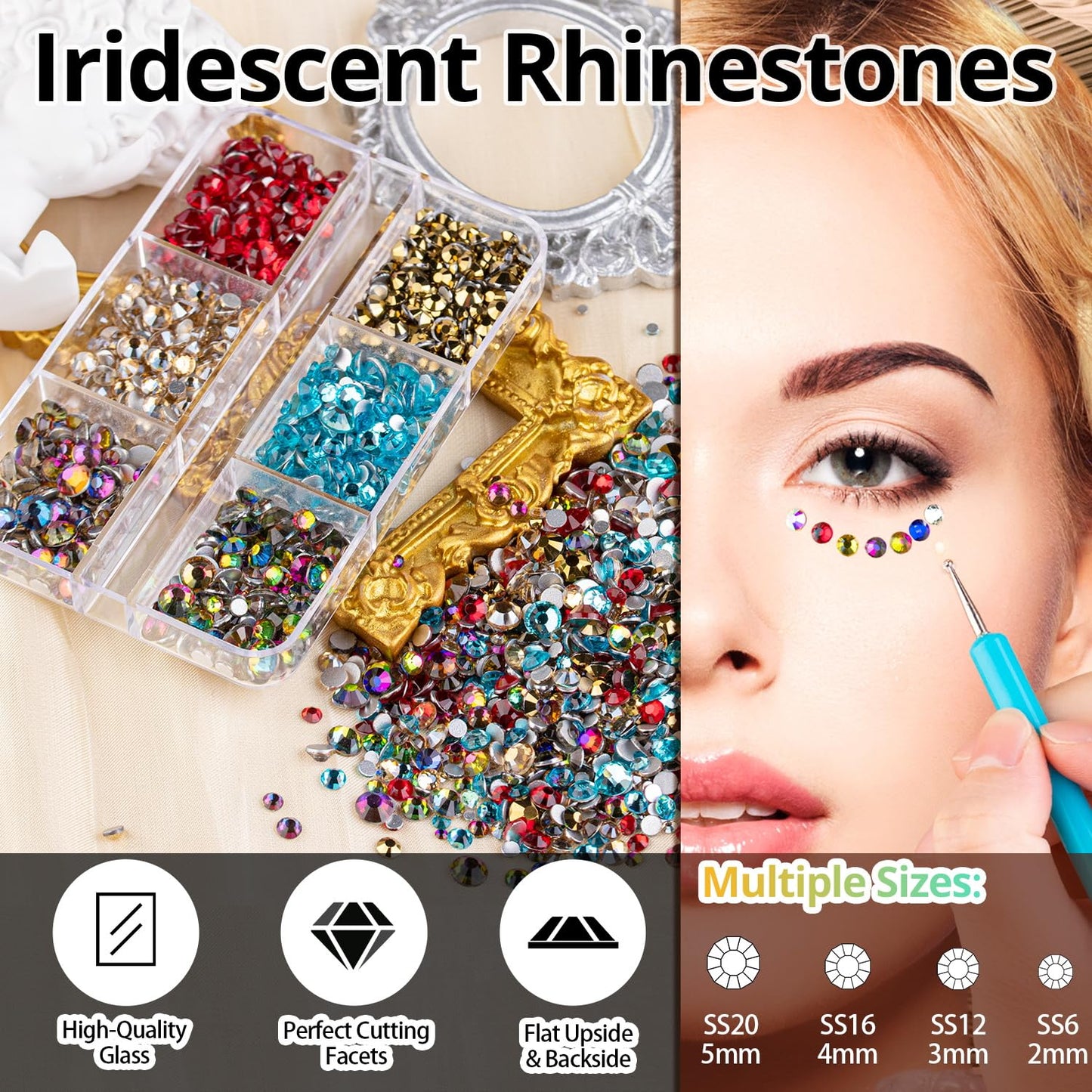 Colorful Face Gems for Makeup Set, Flatback Gorgeous AB+Clear+Mixed-colored Gem with Makeup Glue, Picker Pencil, Makeup Glue, Dual-End Dotting Tool, Tweezer for Eye Body Hair Make-up and Nail Art Deco